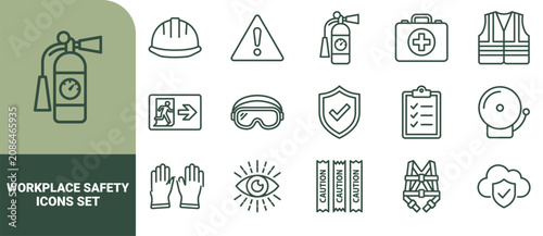 Canvastavla Workplace safety and industrial hazard set featuring line symbols of helmets, fi