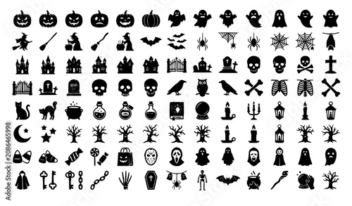 Halloween Silhouette Collection Vector with Spooky Holiday Pumpkins Ghosts Haunted Decorations and Seasonal Symbols