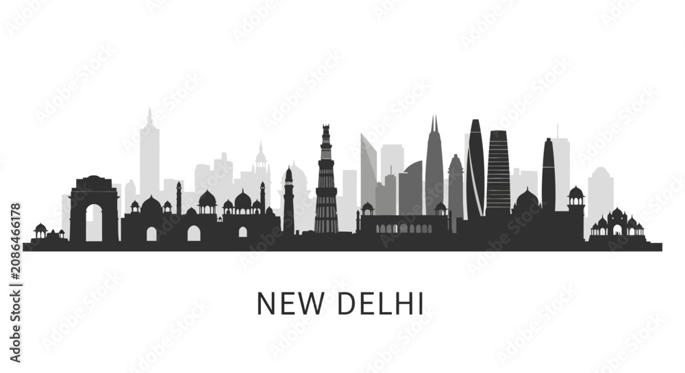 Obraz premium New Delhi Skyline Silhouette: Modern Skyscrapers & Historic Landmarks