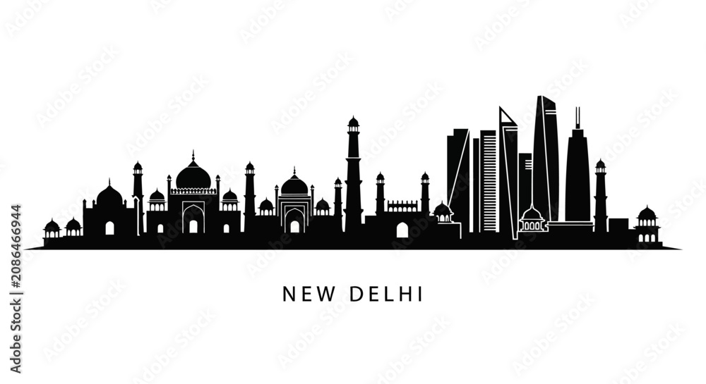 Fototapeta premium New Delhi Skyline Silhouette: Iconic Monuments & Modern Architecture