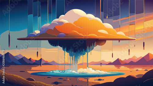 Canvas-taulu Surreal digital illustration of a floating cloud island raining over a calm lake