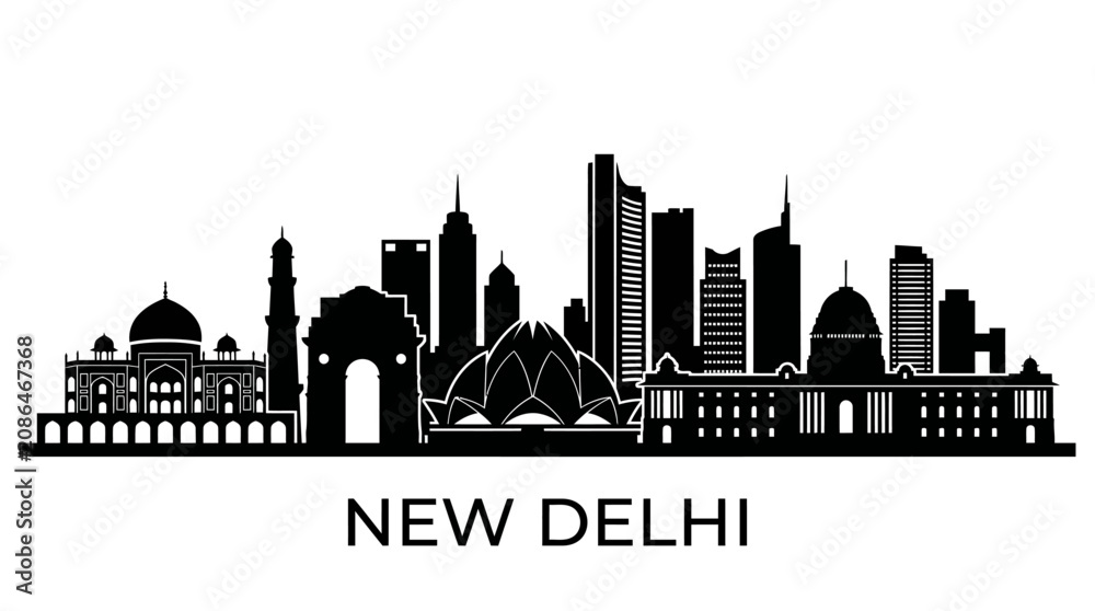 Obraz premium New Delhi Skyline Silhouette - Iconic India Landmarks Vector Art