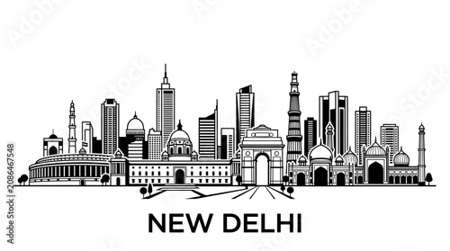 New Delhi Skyline Silhouette - Iconic Landmarks in Black and White