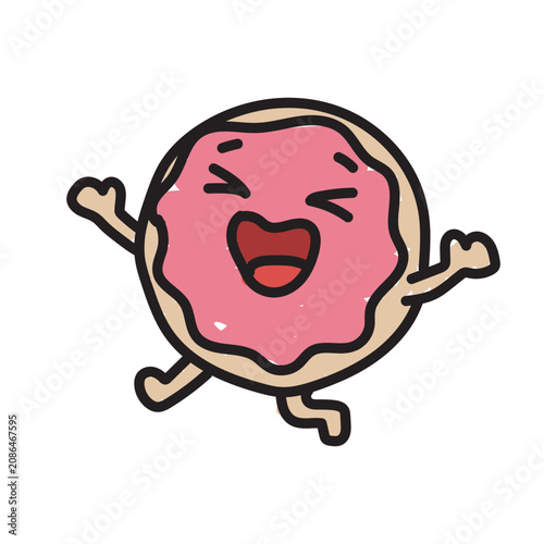 Doodle icon of a happy-faced donut character, isolated on a white background.
