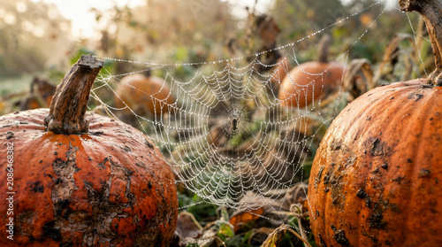 Spider web with morning dew drops next to autumn pumpkins