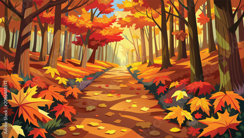 Obraz na płótnie Autumn forest pathway landscape painting with fall foliage and rustic trail land