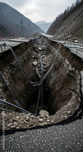 Aerial view of a winding mountain road in a valley.