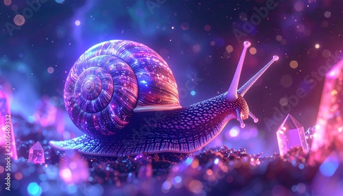 a purple snail on a magical background.