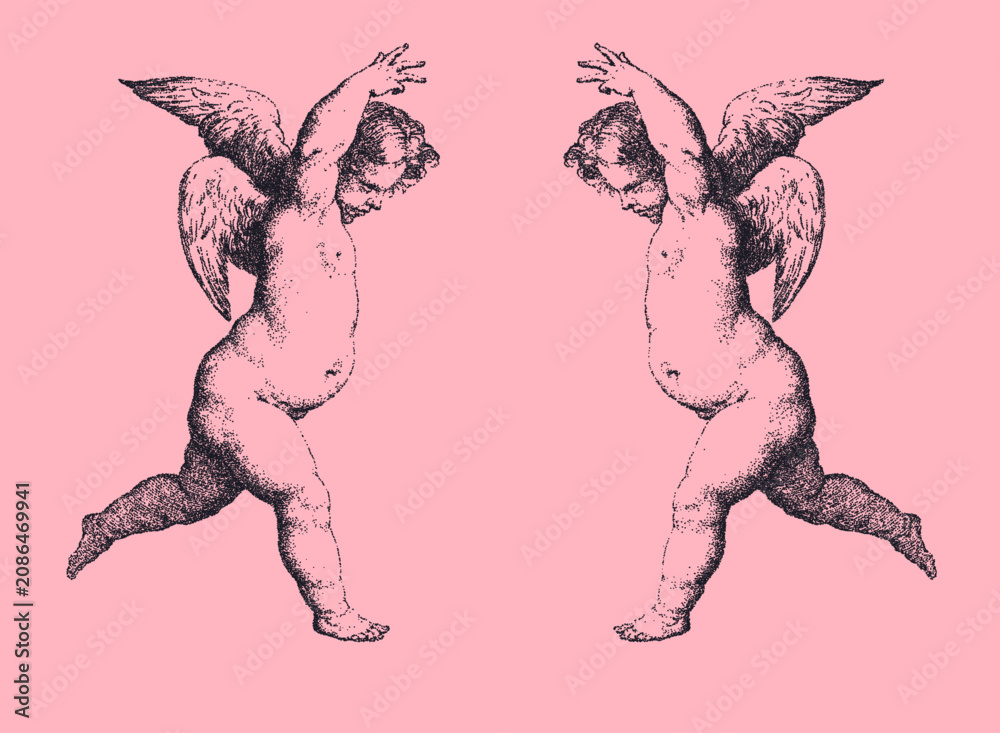 Obraz premium Two playful winged cherubs in dynamic motion against soft pink background, classic stipple engraving style illustration