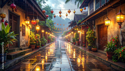 Lanterns illuminate village street at dusk