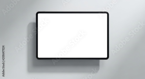 Modern black framed tablet displaying a blank white screen on a lightly textured wall.