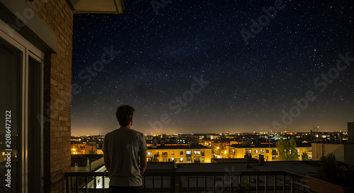 Person Standing on a Balcony Gazing at a Starry Night Sky Overlooking a Vibrant Urban Landscape Filled with City Lights
