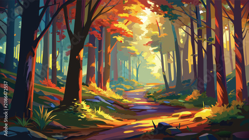 Cuadro en lienzo Sunlit autumn forest path surrounded by golden trees with sunlight woodland land