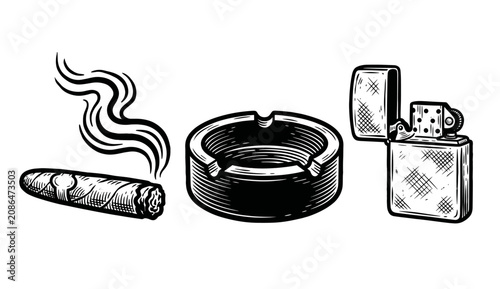 Photos Smoking cigar with ashtray and lighter set, vintage engraved illustration, gentl