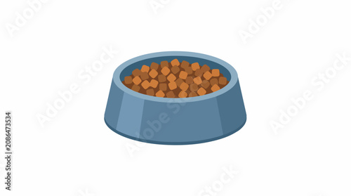 Blue pet bowl filled with brown dry kibble sits on a clean white surface, ready for feeding