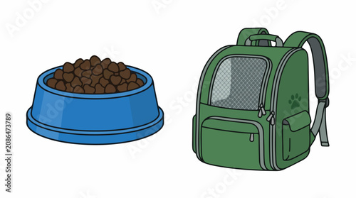 Simple vector illustration of a blue pet feeding bowl beside a green backpack on a white background