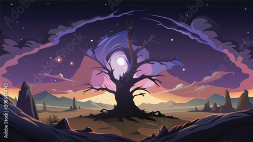 Tableau sur toile Stylized solitary dark tree silhouette under sunset sky with stars and clouds si