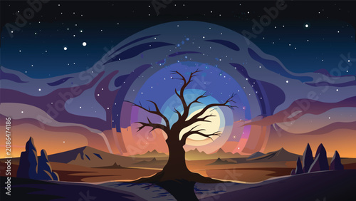 Tableau sur toile Conceptual illustration of a solitary dead tree standing against a sunset and st