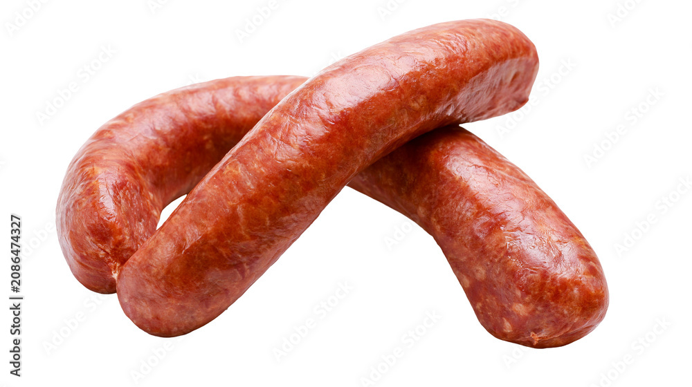 Fototapeta premium Two linked smoked sausages with reddish-brown casing