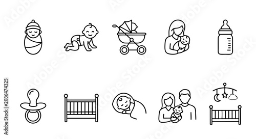 Принти на полотні Cute line icon collection of newborn items, family, mother holding baby, and nur