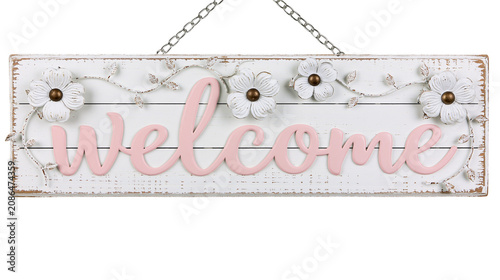 Distressed White Wood Welcome Sign with Pink Script and White Flowers
