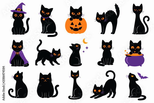 Halloween Black Cat Vector Set. Spooky Kawaii Cats Characters Pack arranged in Circle with Haunted House and Pumpkin. Funny Halloween Animals Cartoon Icons Isolated on White Background.