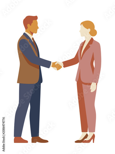 Businessman and Businesswoman Shaking Hands in Professional Attire Vector Illustration
