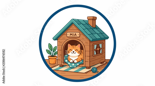 Playful illustration of a cheerful dog relaxing inside a cozy wooden doghouse with a striped mat and potted plant