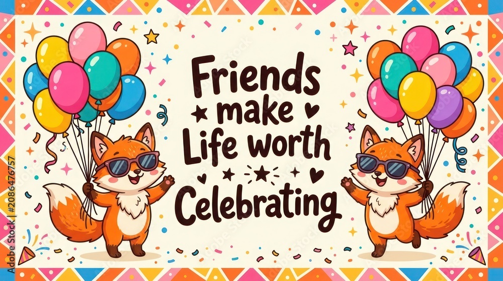 Naklejka premium Cute cartoon foxes holding colorful balloons with inspiring text friends make life worth celebrating balloons celebration birthday inspiring colorful confetti illustration wildlife