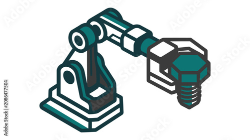 Foto Isometric robotic industrial arm tightening a large metal bolt.