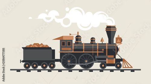 Fotografía Vintage steam locomotive train on railway tracks.