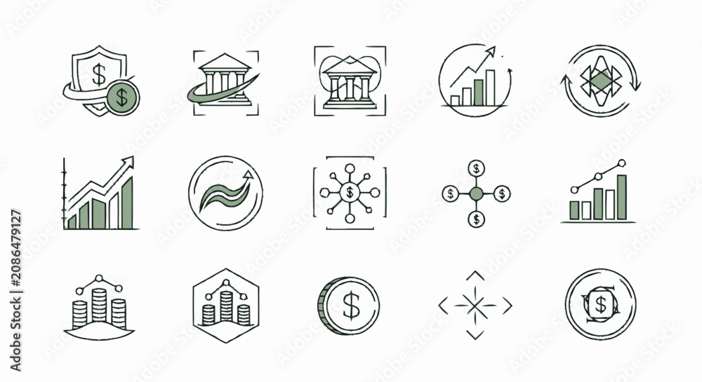 Fototapeta premium Hand drawn financial and banking icon set with business charts and cryptocurrency symbols.