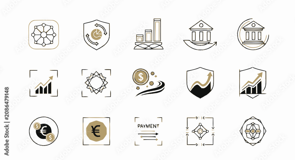 Obraz premium Hand drawn financial and banking icon set with business growth and security symbols.