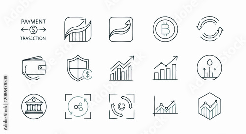 Hand drawn financial and business icon set featuring charts wallet bitcoin and banking symbols.