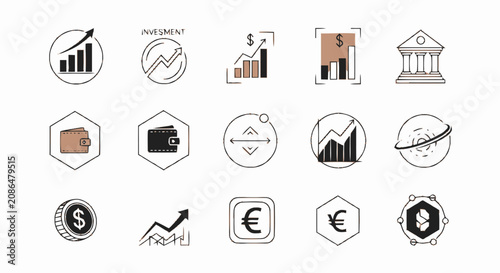 Hand drawn financial and business icon set featuring charts wallets coins and currency symbols.