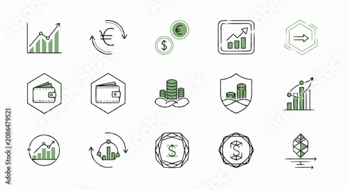 Hand drawn financial and business icon set featuring charts money wallets and growth symbols.