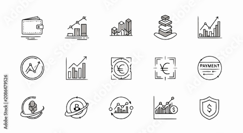 Hand drawn financial and business icon set featuring charts wallet coins and cryptocurrency symbols.