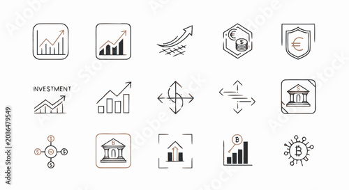 Hand drawn financial and business icon set featuring graphs charts and banking symbols.