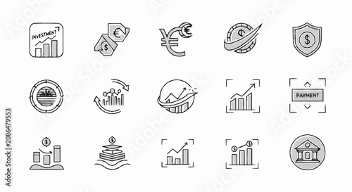Hand drawn financial and business icon set featuring currency symbols charts and banking elements.