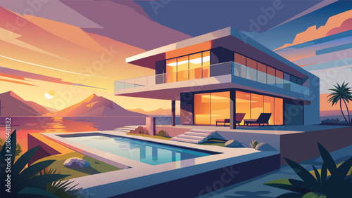 Canvastavla Modern luxury house with pool at sunset swimming architecture contemporary resid
