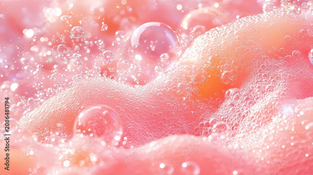 Fototapeta premium Macro Close Up of Pink Soap Bubbles and Water Droplets Creating a Soft Abstract Texture Background