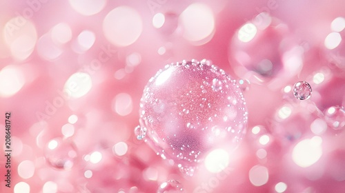 Floating Transparent Bubbles in Pink Liquid Background with Soft Bokeh Light Effects