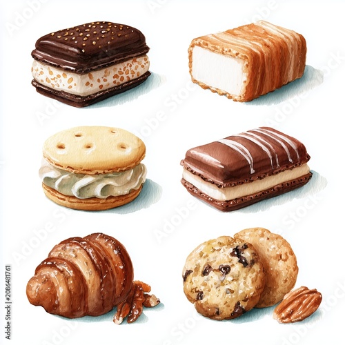 Diverse selection of simplistic watercolor cookies with chocolate chips and textures, hand drawn for a charming bakery shop aesthetic and food design projects.