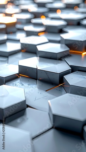 Hexagonal metal blocks in pattern.
