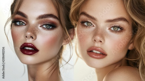 Close up portrait of two young women with glitter makeup and glowing skin in a studio setting