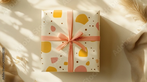 Top view of a square gift box wrapped in patterned paper with a ribbon on a textured beige surface