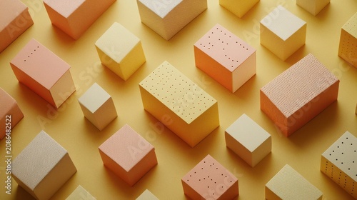 Arranged Rectangular Cleaning Sponges on a Yellow Background in a Minimalist High Angle View