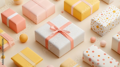Arranging Wrapped Gift Boxes with Ribbons on a Soft Pastel Background in a High Angle View