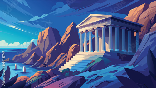 Bild auf Leinwand Ancient temple with classic columns on coastal cliffside at sunset architecture