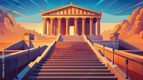 Canvastavla Grand ancient temple entrance with massive stone staircase at sunset staircase a